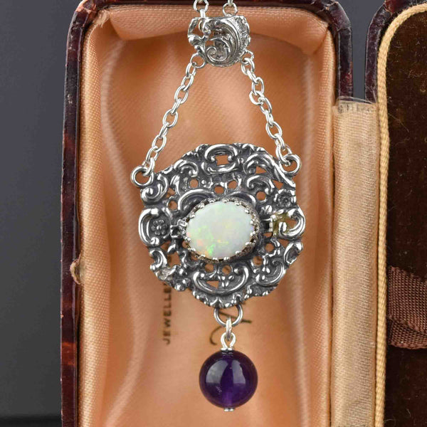 Silver Amethyst Opal Art Nouveau Pendant Necklace - Boylerpf