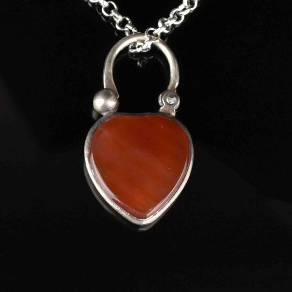 Vintage Silver Carnelian Heart Padlock Pendant Necklace - Boylerpf