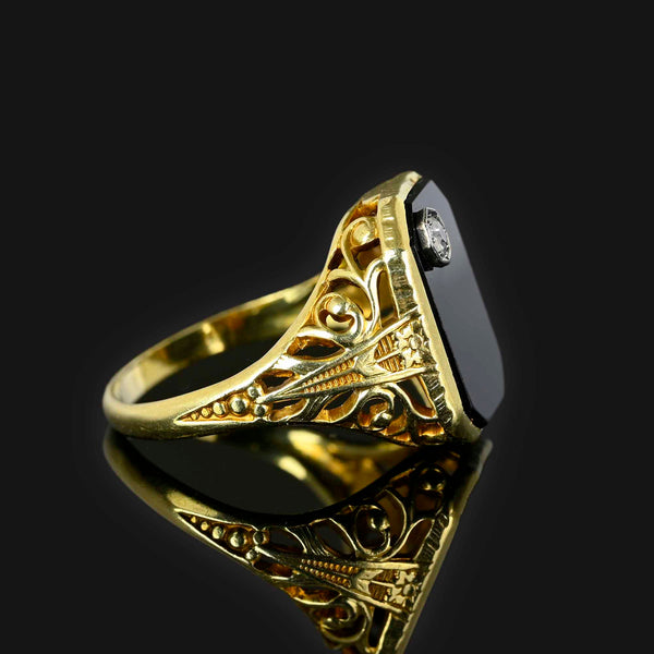 Art Deco 14K Gold Filigree Onyx Diamond Ring - Boylerpf