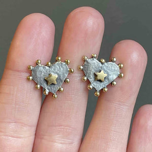 Vintage Gold Star Hammered Silver Heart Stud Earrings - Boylerpf