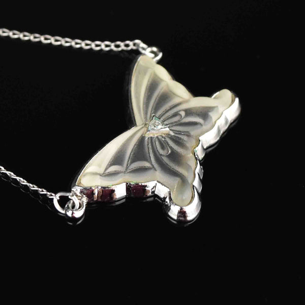 Silver Rock Crystal Diamond Butterfly Pendant Necklace - Boylerpf