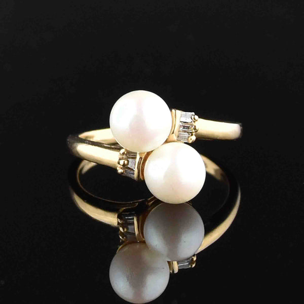 14K Gold Toi et Moi Pearl Diamond Bypass Ring - Boylerpf