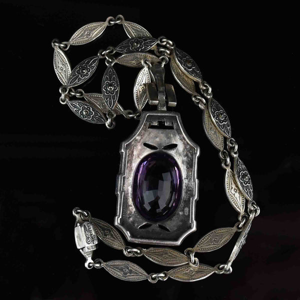 Art Deco Style Amethyst Marcasite Pendant Necklace - Boylerpf