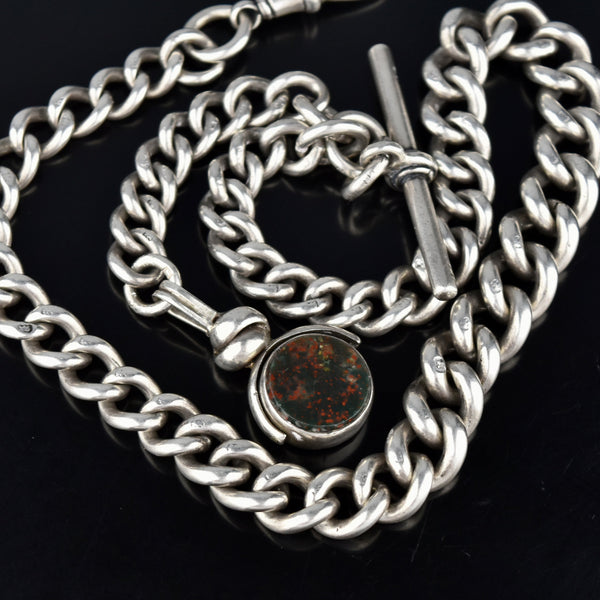 Sterling Silver Pocket Watch Chain w Spinner Fob 65.5 gms - Boylerpf