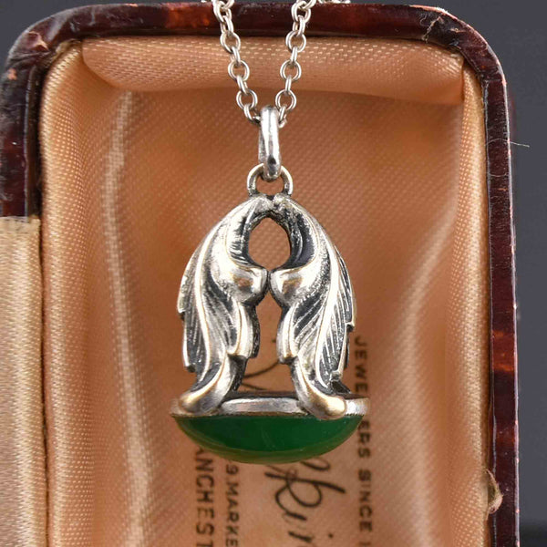 Antique Sterling Silver Green Chrysoprase Fob Pendant Necklace - Boylerpf