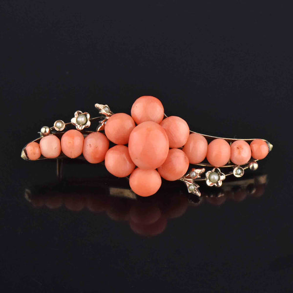 Antique Victorian Seed Pearl Natural Coral Brooch - Boylerpf