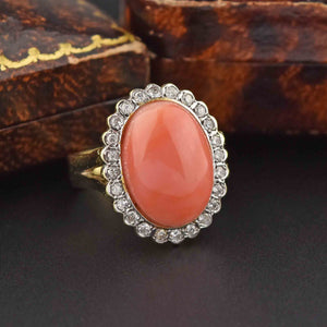 Estate Diamond Halo Coral Cabochon Cocktail Ring - Boylerpf