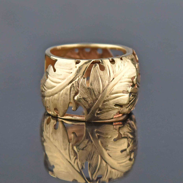Italian 14K Gold Wide Engraved Leaf Band Ring - Boylerpf