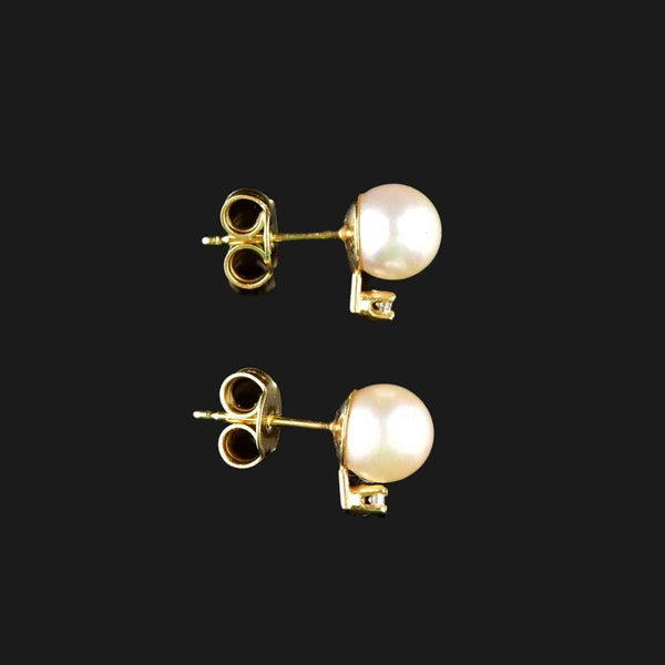 Vintage 14K Gold Diamond Pearl Stud Earrings - Boylerpf