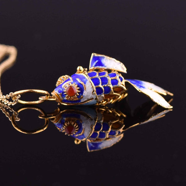 Vintage Blue Enamel Articulated Koi Fish Pendant Necklace - Boylerpf