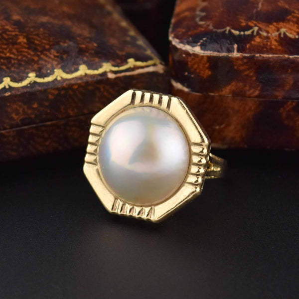 Large Mabe Pearl 14K Gold Geometric Octagon Cocktail Ring - Boylerpf