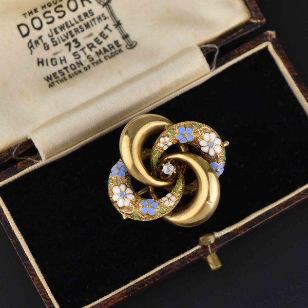 Antique 14K Gold Enamel Diamond Lovers Knot Brooch - Boylerpf