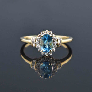 Vintage Gold Blue Topaz Baguette Diamond Halo Ring - Boylerpf