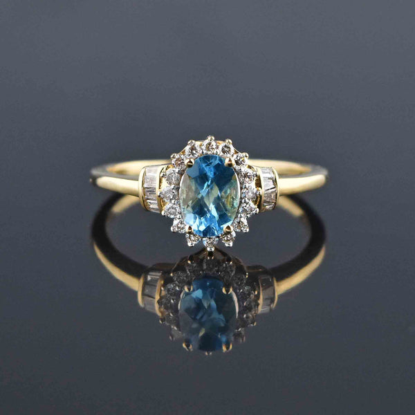 Vintage Gold Blue Topaz Baguette Diamond Halo Ring - Boylerpf