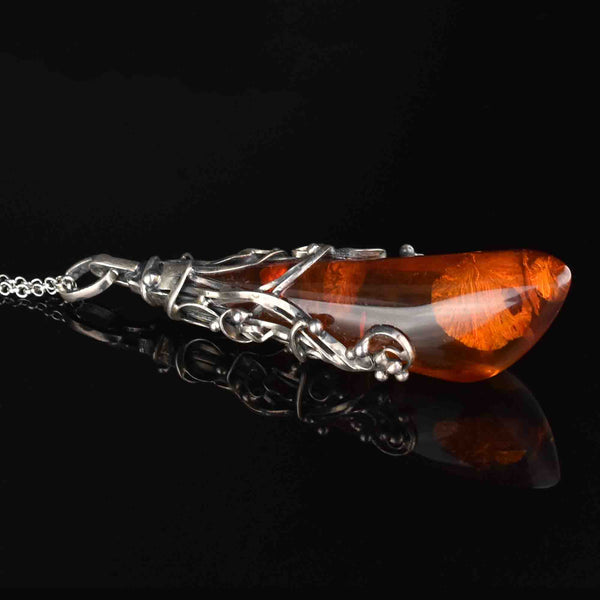 Arts and Crafts Style Silver Baltic Amber Pendant Necklace - Boylerpf