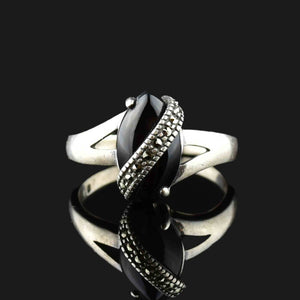 Vintage Marcasite Onyx Silver Statement Ring - Boylerpf