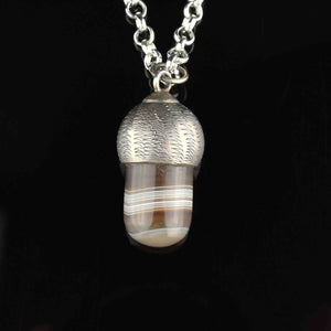 Vintage Carved Silver Banded Agate Acorn Pendant Necklace - Boylerpf