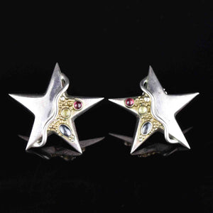 Vintage Multi Gemstone Silver Star Earrings - Boylerpf