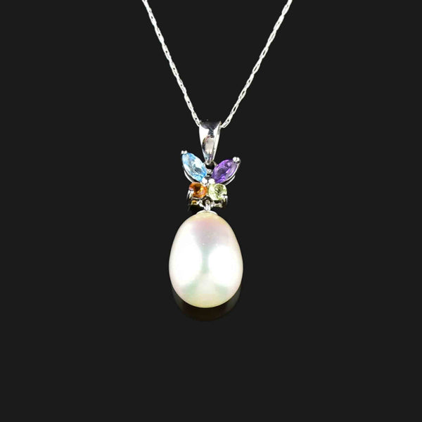 18K White Gold Pearl Multi Gemstone Butterfly Pendant - Boylerpf
