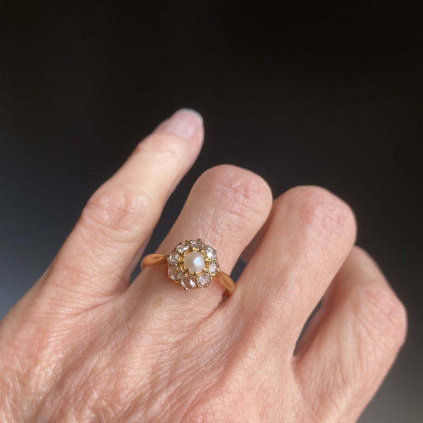 Antique Rose Cut Diamond Halo Pearl Ring in 18K Gold - Boylerpf