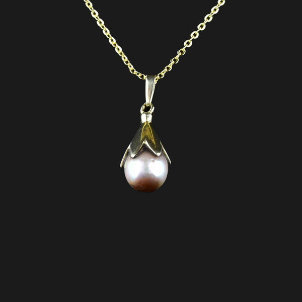 Vintage Gray Pearl 14K Gold Pendant Necklace - Boylerpf