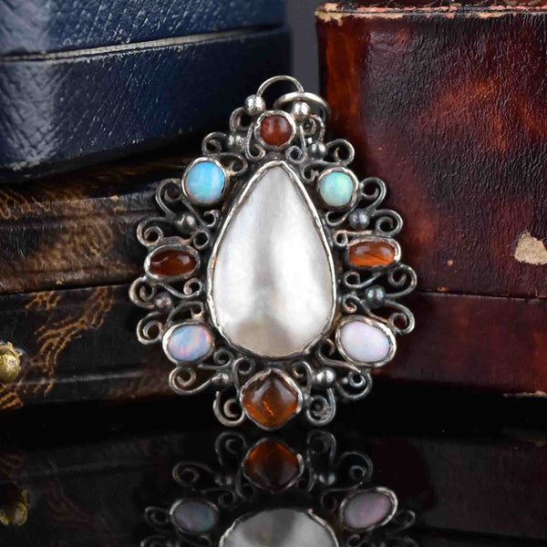 Silver Art Nouveau Opal Carnelian Pendant Necklace - Boylerpf