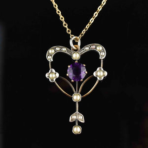 Vintage Edwardian Amethyst Seed Pearl Lavaliere Pendant Necklace - Boylerpf