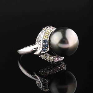 Vintage Silver Multi Gemstone Black Pearl Statement Ring, Sz 7.25 - Boylerpf