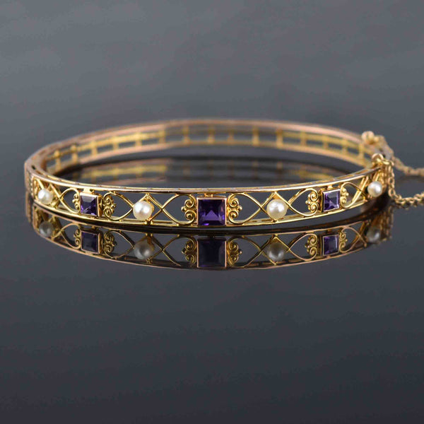Antique Victorian 14K Gold Pearl Amethyst Bracelet - Boylerpf