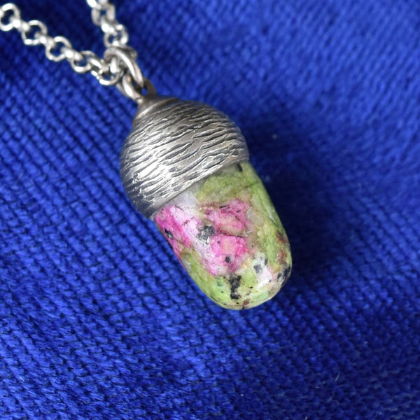 Vintage Carved Silver Green Pink Marble Acorn Pendant Necklace - Boylerpf