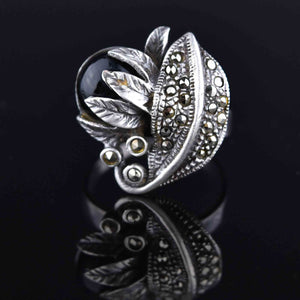 Vintage Arts and Crafts Style Silver Onyx Marcasite Flower Ring - Boylerpf
