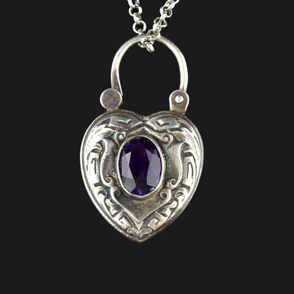 Vintage Silver Amethyst Heart Padlock Pendant Necklace - Boylerpf