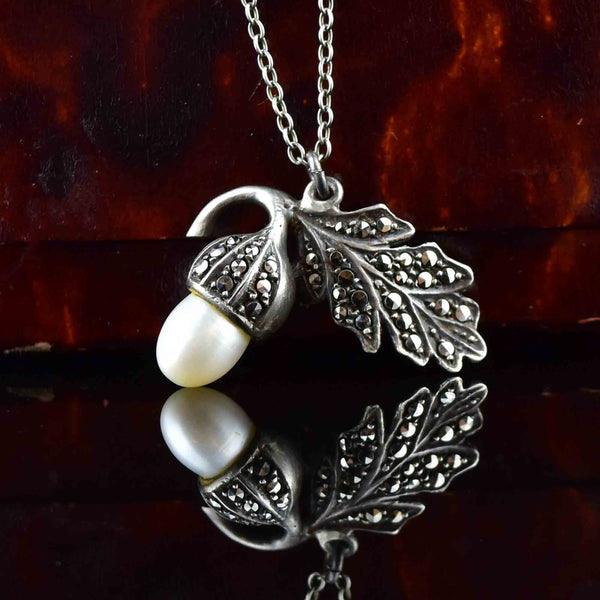 Vintage Silver Pearl Acorn Marcasite Leaf Pendant Necklace - Boylerpf