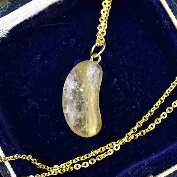 Vintage 18K Gold Rutilated Quartz Bean Pendant Necklace - Boylerpf