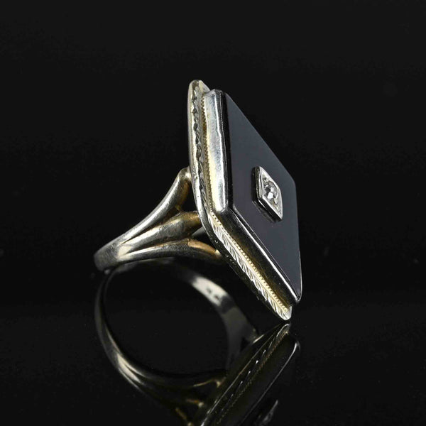 Art Deco 14K White Gold Diamond Onyx Ring - Boylerpf