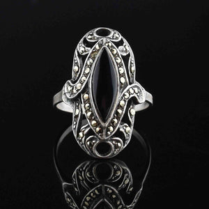 Vintage Silver Onyx Marcasite Statement Ring, Sz 6.5 - Boylerpf