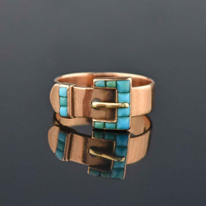 Antique Victorian 14K Rose Gold Turquoise Buckle Ring - Boylerpf