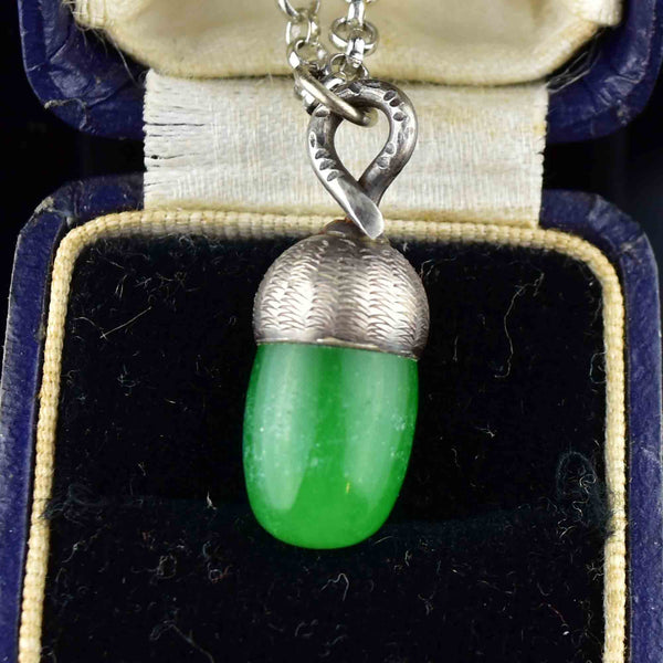 Vintage Carved Silver Jade Acorn Pendant Necklace - Boylerpf