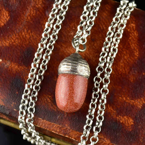 Vintage Carved Silver Goldstone Acorn Charm Necklace - Boylerpf