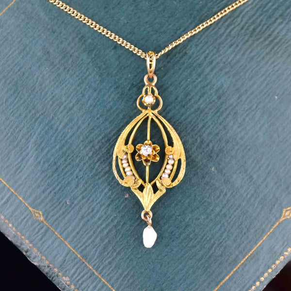 Antique Edwardian 10K Gold Pearl Diamond Lavalier - Boylerpf