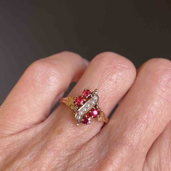 Antique Victorian Pearl and Ruby Ring in Gold, Sz 6.75 - Boylerpf