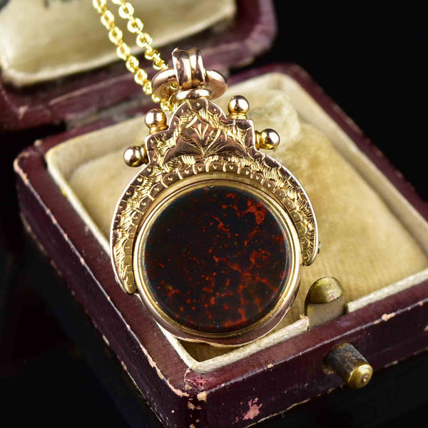 Vintage Gold Bloodstone Carnelian Spinner Watch Fob Necklace - Boylerpf