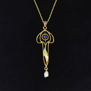 Art Nouveau Enamel Leaf Lavaliere Blue Spinel Necklace - Boylerpf