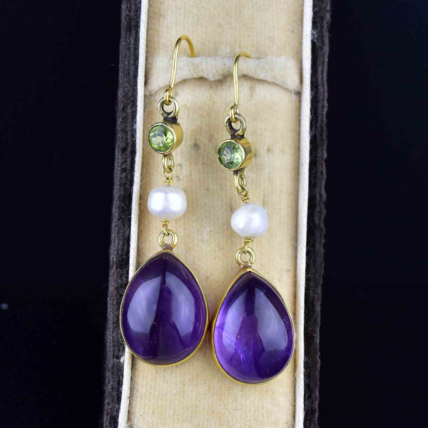 Gold Peridot Pearl Amethyst Suffragette Earrings - Boylerpf