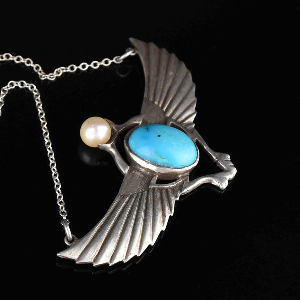 Silver Art Deco Style Turquoise Pearl Scarab Necklace - Boylerpf