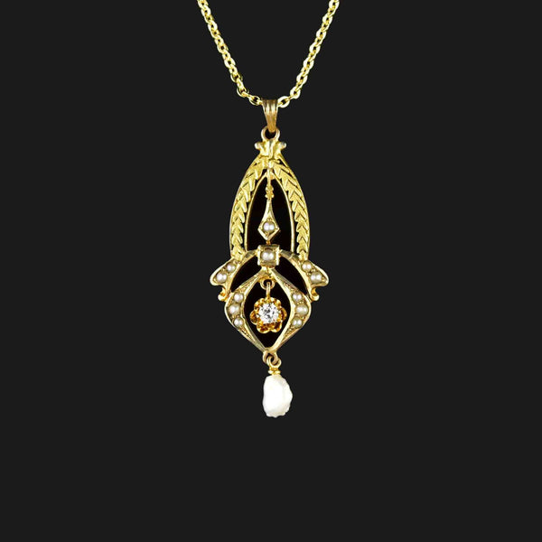 Antique 10K Gold Diamond Pearl Lavalier Necklace - Boylerpf