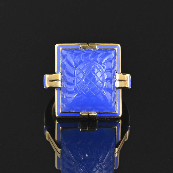 Art Deco Blue Enamel Sugarloaf Chalcedony Ring in 14K Gold - Boylerpf