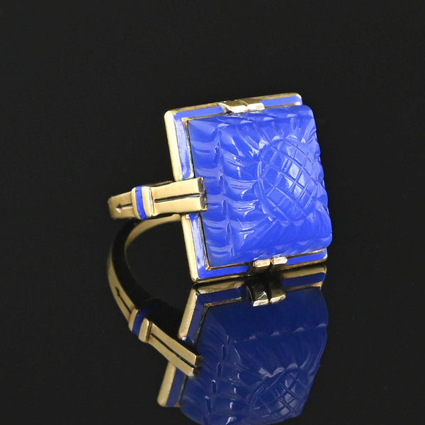 Art Deco Blue Enamel Sugarloaf Chalcedony Ring in 14K Gold - Boylerpf