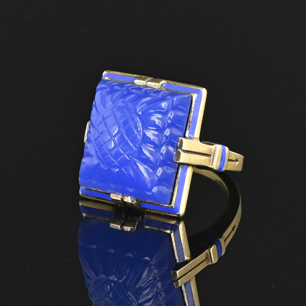 Art Deco Blue Enamel Sugarloaf Chalcedony Ring in 14K Gold - Boylerpf