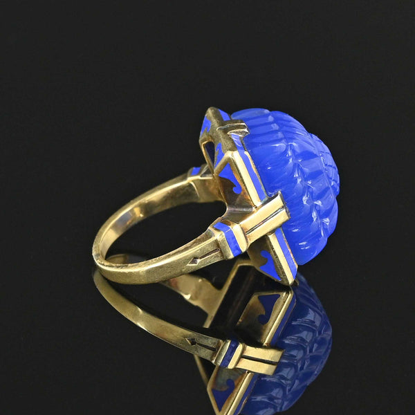 Art Deco Blue Enamel Sugarloaf Chalcedony Ring in 14K Gold - Boylerpf